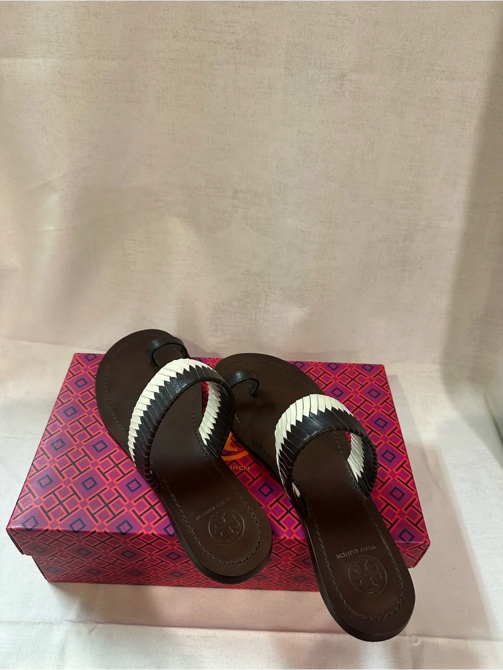 Tory Burch Flat Toe Ring Slide Sandals Woven Coconut/Ivory Size 7.5